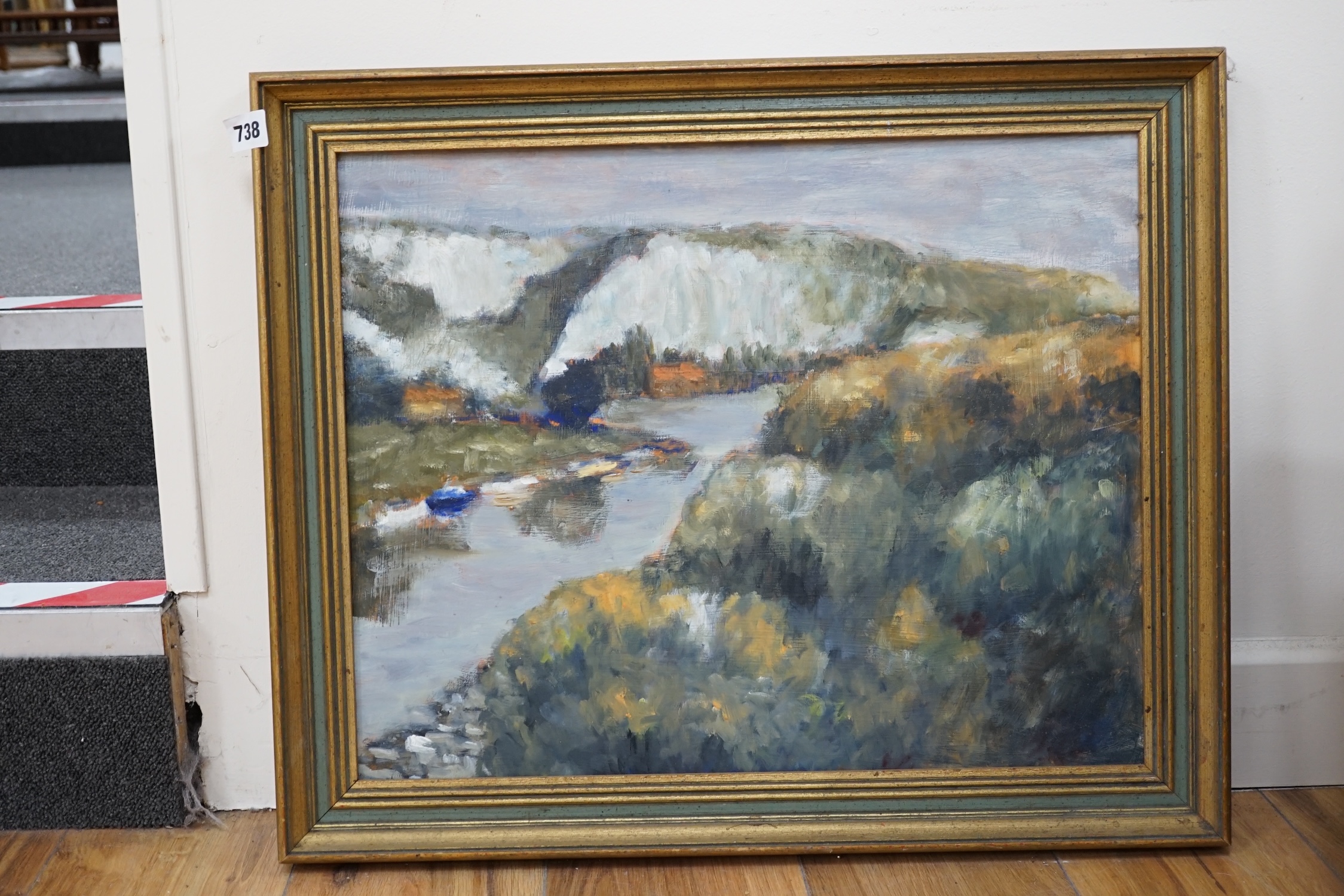 Helen Holder, oil on board, 'Down The Ouse', label verso, 40 x 50cm. Condition - good